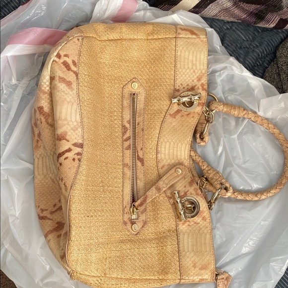 Elaine Turner Snakeskin & Woven Straw Tote Bag - Cream/Tan with Pink Interior - Picture 11 of 11